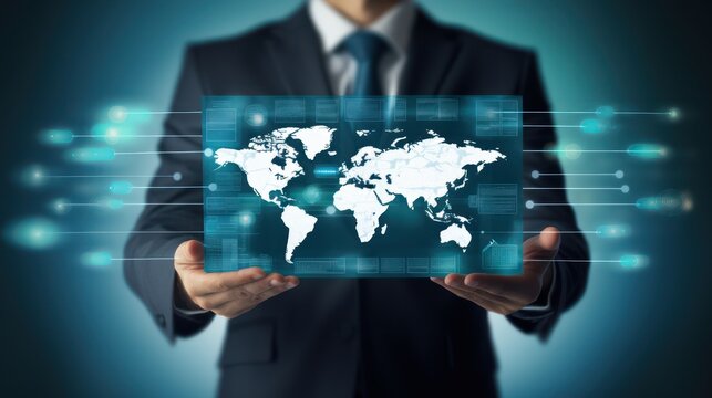 A businessman holds up a world map infographic board with communication icons, photos, on a blue background. Touch screen technology. Touch screen technology.