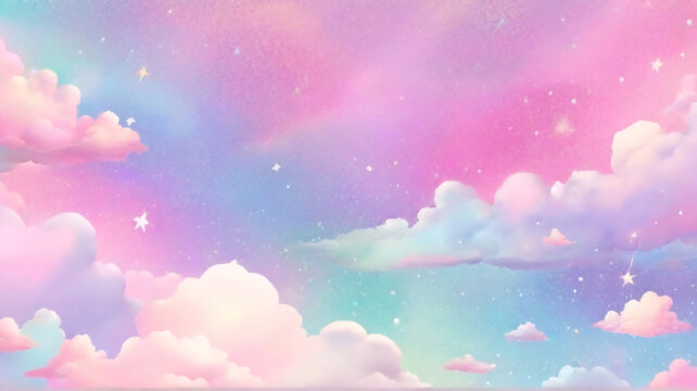 Purple unicorn background. Pastel watercolor sky with glitter stars and bokeh. Fantasy galaxy with holographic texture. Magic marble space.