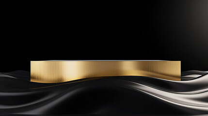 empty Gold podium with black wave on black background. abstract luxury minimal wall scene for mockup products display. Round stage for showcase.