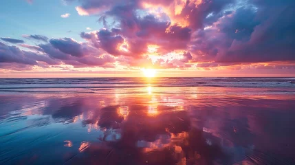 Fotobehang A stunning image of a vibrant sunset with clouds reflected on the wet sand during low tide © NabilBin