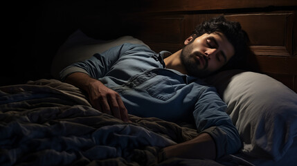 Handsome young man with a beard sleeping in his bed at night.