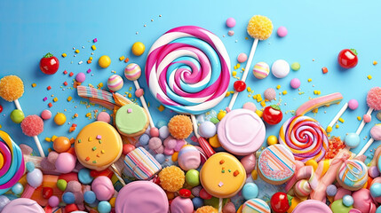 delicious background candy food illustration tasty sugary, colorful dessert, confectionery snack delicious background candy food - obrazy, fototapety, plakaty