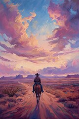 Painting of a solitary cowboy riding through a vast desert landscape, blending impressionism, surrealism, and pop art - obrazy, fototapety, plakaty