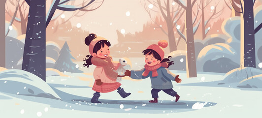 Winter Wonderland Friends: Cute Illustration of Friends Playing in the Snow