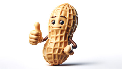 Cute raw peanut in its shell, showing thumbs up, isolated on white background