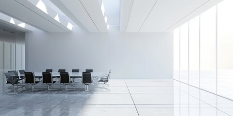 Clean minimal office board room meeting space, business rooms, workspace table chairs, generated ai