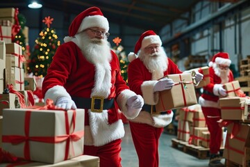 Many busy Santa Clauses packing gift boxes preparing fast xmas delivery. Three funny Santas walking in workshop warehouse in Merry Christmas rush delivering presents during holiday, Generative AI  - obrazy, fototapety, plakaty