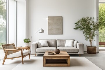 a living room with a couch, chair, coffee table and potted plant