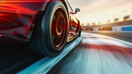 A closeup of a cars tires spinning rapidly causing a blur of motion as it speeds down the track