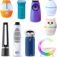 Air purifier icons set cartoon vector. Humidifier climate. Comfort care