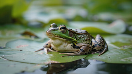 Closeup of a frog sitting on a lily pad in a murky polluted pond. Its skin appears discolored and pitted evidence of the toxins it has been exposed to due to the loss of wetlands