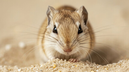 Closeup of a gerbil with its head buried in the sand its whiskers twitching as it rubs its face against the grains to clean and soothe its skin after the harsh weather