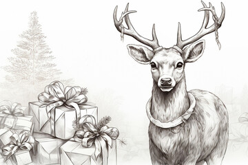 sketch a deer with gifts Christmas concept