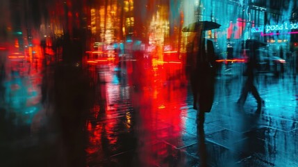 Blurred photography capturing a rainy night in the city. Utilizing a slow shutter speed, the scene features silhouettes adorned with neon lights, creating a mesmerizing and blurred ambiance