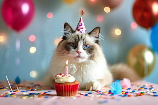 Happy Birthday Cat Ragdoll with Cupcake Party