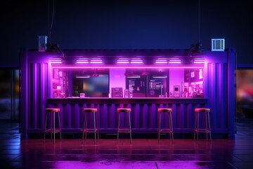 Container Bar with Neon Lights, on an isolated Electric Purple background, Generative AI