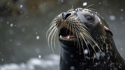 Closeup of a large seal lifting its snout to catch a snowflake on its black nose its whiskers twitching with excitement