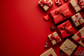 Top view photo of Saint Valentine`s Day decorations presents gift boxes on isolated red background with copy space.