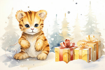 watercolor of an adorable cartoon tiger with gift box
