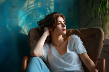 Smiling woman with long brunette hair sitting on the floor and a person on a chair, exuding beauty, glamour, and style