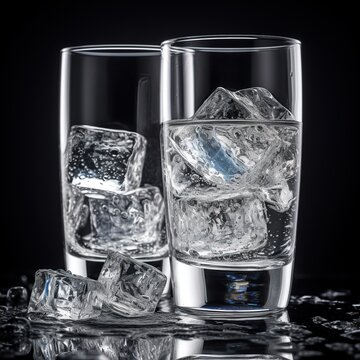 Two glasses with ice cubes on a black background. Toned. 3d render.