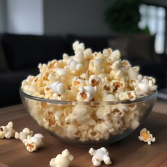 Glass Bowl with tasty popcorn on wooden table in room, closeup