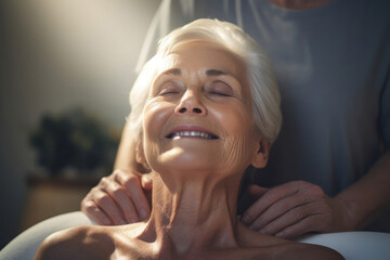 talented masseur giving facial massage to a elderly client. close up photo. wrinkled skin - obrazy, fototapety, plakaty