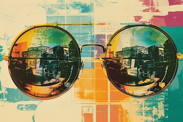 70s Summer Love Reflection: Retro Sunglasses Art Collage

