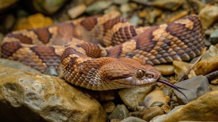 Obraz premium Closeup of a beautiful copperhead s its patterned scales blending seamlessly into the rocky terrain as it cautiously makes its way towards a sheltered area