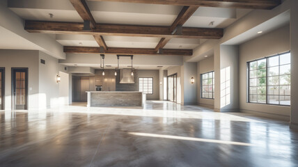 Elegant and spacious open concept interior rooms new construction with concrete floors designer decor wood beams on ceiling classic style