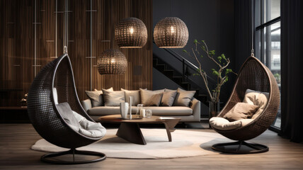 Fototapeta premium General view of luxury living room interior with armchairs, sofa and hanging basket chair