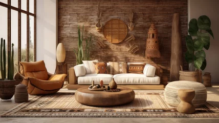 Fotobehang Boho Home interior with ethnic boho decoration, living room in brown warm color
