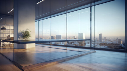 New glass concrete office interior with city view, daylight, wooden floor furniture and equipment