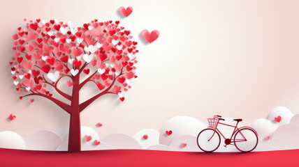 paper cut Valentine's day background with a bike and a tree made out of white hearts