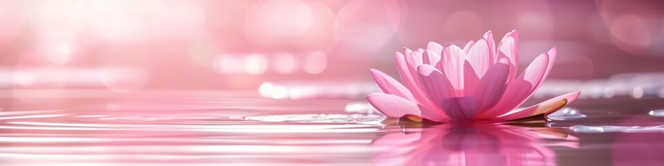 A panoramic photorealistic serene backdrop  illustration view of Water Lilly flowers in blossom floating in a pond , featuring a soft focus in a banner poster format. Generative AI