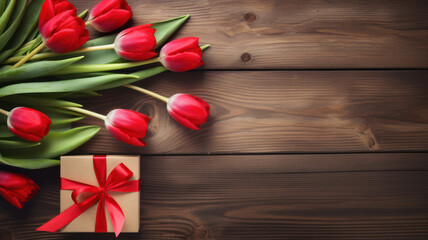 Naklejka na ściany i meble Valentines Day old wood background with gift box, hearts and red tulips