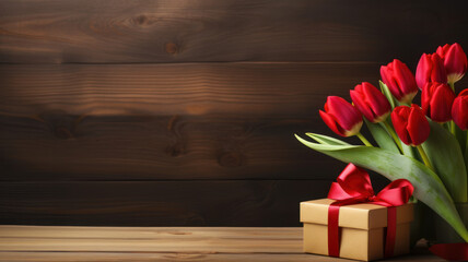 Valentines Day old wood background with gift box, hearts and red tulips