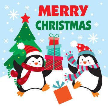 Christmas Greeting Card with Cute Penguin