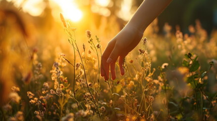 Fototapeta premium Hand of woman touching high grass, Girl walks through the field