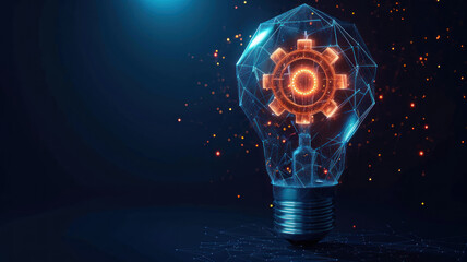 Abstract low-poly light bulb gears inside. The Internet Technology triangle icon concept - obrazy, fototapety, plakaty