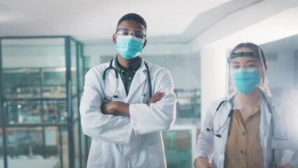 Man, woman and doctors with goggles, mask or screen for safety, surgery or stop bacteria in hospital. People, medic and PPE for covid 19, virus or face in preparation for risk at workplace in clinic