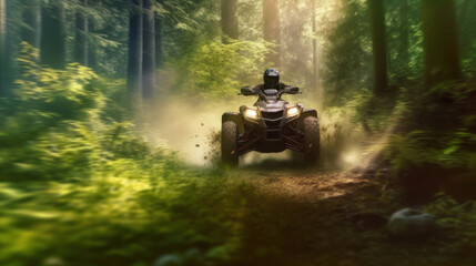 ATV speeding through forest.