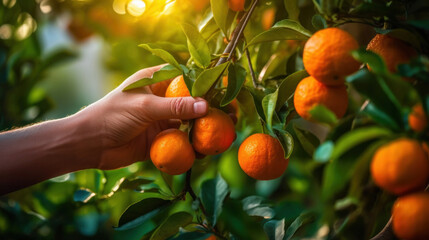 Close up hand of a person picking oranges from tree.