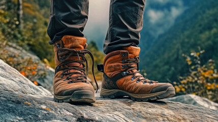Close up of hiking boots, A mountain climber.
