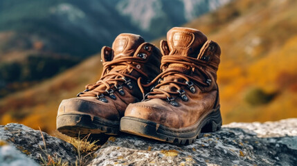 Naklejka premium Close up of hiking boots, A mountain climber.
