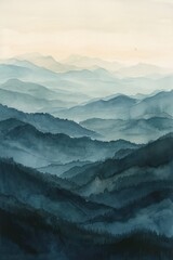 Naklejka premium watercolor painting of blue mountains on textured paper, adorned with neutral muted colors and a captivating emerald green monochrome scheme