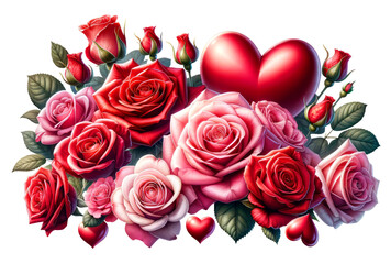 Bouquet of red roses with heart on Transparent Background. Valentine's Day Clipart.