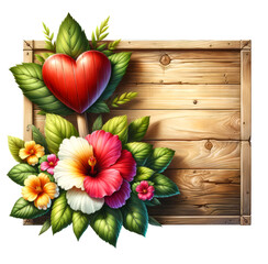 Wooden Signs with Flowers and heart on Transparent Background. Valentine's Day Wooden Signs Clipart.