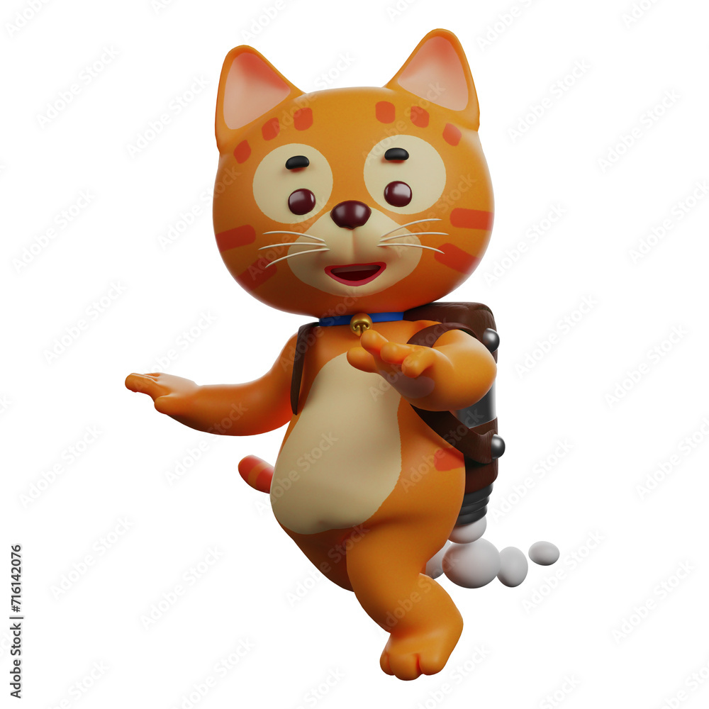 Fototapete 3d illustration. amazing 3d cat cartoon character image using a rocket engine. showing funny facial 
