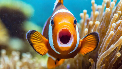 Clown Fish Looking Surprised Macro Shot - obrazy, fototapety, plakaty
